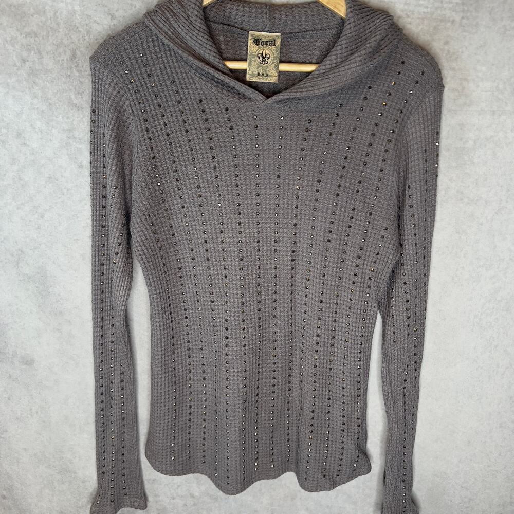 Embellished Studded Long Sleeve Gray Knit Hoodie Shirt Size XL